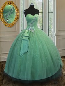 Sweetheart Sleeveless Tulle and Sequined 15 Quinceanera Dress Beading and Ruching and Bowknot Lace Up
