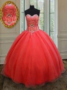 New Style Coral Red Organza Lace Up Sweetheart Sleeveless Floor Length Ball Gown Prom Dress Beading