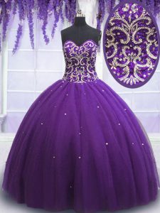 New Style Tulle Sweetheart Sleeveless Lace Up Beading Quinceanera Gowns in Eggplant Purple