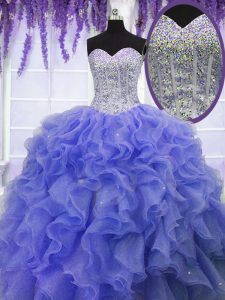 Purple Organza Lace Up Sweetheart Sleeveless Floor Length Quince Ball Gowns Ruffles and Sequins