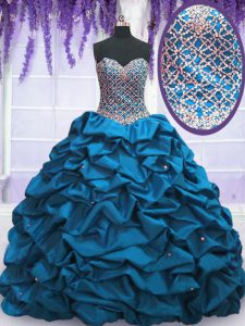 Blue Ball Gowns Sweetheart Sleeveless Taffeta Floor Length Lace Up Beading and Sequins and Pick Ups Quinceanera Dress