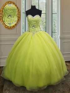 Organza Sweetheart Sleeveless Lace Up Beading and Belt Quinceanera Dresses in Yellow Green