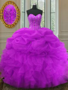 On Sale Sleeveless Organza Floor Length Lace Up Quinceanera Dress in Fuchsia with Beading and Ruffles and Pick Ups