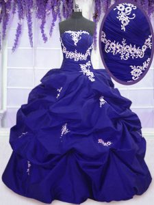 Taffeta Strapless Sleeveless Lace Up Appliques and Pick Ups 15th Birthday Dress in Royal Blue