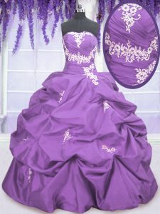 Suitable Taffeta Strapless Sleeveless Lace Up Appliques and Pick Ups Quinceanera Gowns in Lavender