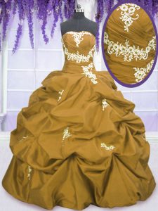 Lovely Brown Ball Gowns Strapless Sleeveless Taffeta Floor Length Lace Up Appliques and Pick Ups 15 Quinceanera Dress