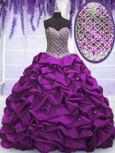 Floor Length Purple Quince Ball Gowns Taffeta Sleeveless Beading and Sequins and Pick Ups