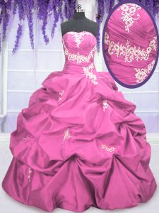 Strapless Sleeveless Taffeta Quince Ball Gowns Appliques and Pick Ups Lace Up