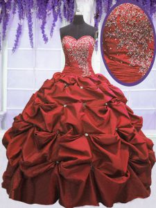 On Sale Coral Red Ball Gowns Sweetheart Sleeveless Taffeta Floor Length Lace Up Beading and Pick Ups Quinceanera Dress