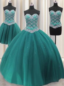 Pretty Three Piece Tulle Sleeveless Floor Length Quince Ball Gowns and Beading and Sequins