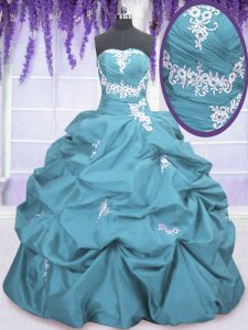 Teal Taffeta Lace Up Strapless Sleeveless Floor Length Quince Ball Gowns Appliques and Pick Ups