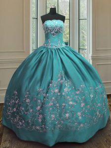 New Style Floor Length Teal Quinceanera Dress Satin Sleeveless Embroidery