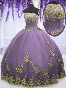 Modest Tulle Strapless Sleeveless Zipper Appliques Sweet 16 Quinceanera Dress in Lavender