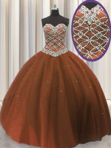Edgy Brown Ball Gowns Tulle Sweetheart Sleeveless Beading and Sequins Floor Length Lace Up Ball Gown Prom Dress