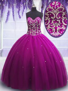 Fuchsia Tulle Lace Up Ball Gown Prom Dress Sleeveless Floor Length Beading
