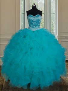 Teal Ball Gowns Tulle Sweetheart Sleeveless Beading and Ruffles Floor Length Lace Up Quinceanera Dresses