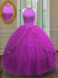 Lovely Fuchsia Sleeveless Floor Length Beading and Appliques Lace Up Vestidos de Quinceanera