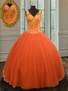 Spectacular Tulle V-neck Sleeveless Zipper Beading Ball Gown Prom Dress in Orange Red