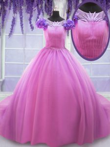 Adorable Rose Pink Scoop Lace Up Hand Made Flower Ball Gown Prom Dress Short Sleeves