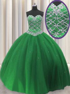 High Class Green Ball Gowns Tulle Sweetheart Sleeveless Beading Floor Length Lace Up Sweet 16 Dress