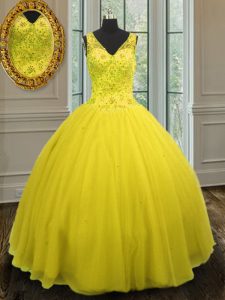 Floor Length Yellow Quinceanera Gown V-neck Sleeveless Zipper