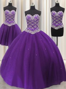 Sexy Three Piece Eggplant Purple Ball Gowns Tulle Sweetheart Sleeveless Beading and Sequins Floor Length Lace Up Quincea