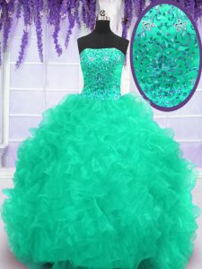 Cheap Sleeveless Organza With Brush Train Lace Up Quince Ball Gowns in Turquoise with Beading and Appliques and Ruffles