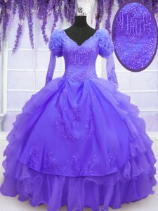 Lovely Long Sleeves Floor Length Lace Up Quinceanera Dresses Purple for Military Ball and Sweet 16 and Quinceanera with 