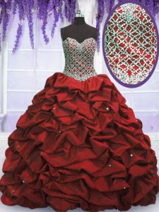 High Class Wine Red Taffeta Lace Up Sweet 16 Quinceanera Dress Sleeveless Floor Length Beading and Sequins and Pick Ups