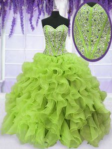 Captivating Yellow Green Ball Gowns Sweetheart Sleeveless Organza Floor Length Lace Up Beading and Ruffles Sweet 16 Dres