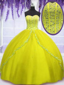 Customized Yellow Green Lace Up Quinceanera Dresses Beading Sleeveless Floor Length