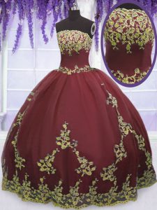 Modest Ball Gowns 15 Quinceanera Dress Burgundy Strapless Tulle Sleeveless Floor Length Zipper