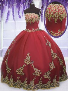 Floor Length Coral Red Quinceanera Dress Tulle Sleeveless Appliques