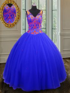 Simple Floor Length Royal Blue 15 Quinceanera Dress Tulle Sleeveless Beading and Sequins