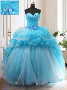 Ruffled Baby Blue Ball Gown Prom Dress Sweetheart Sleeveless Sweep Train Lace Up