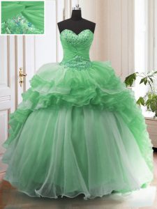 Perfect Green Ball Gowns Sweetheart Sleeveless Organza Sweep Train Lace Up Beading and Ruffled Layers Sweet 16 Quinceane