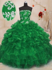 Green Sleeveless Floor Length Beading and Appliques and Ruffles Lace Up Quinceanera Gown