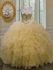 Elegant Scoop Floor Length Light Yellow Ball Gown Prom Dress Organza Sleeveless Beading and Ruffles