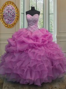 Low Price Lilac Ball Gowns Beading and Ruffles and Pick Ups Quinceanera Gown Lace Up Organza Sleeveless Floor Length