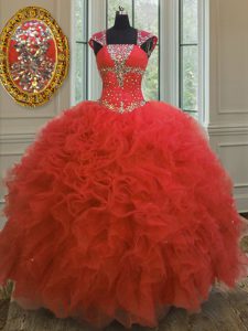 Artistic Straps Coral Red Organza Lace Up Quinceanera Dresses Cap Sleeves Floor Length Beading and Ruffles and Sequins