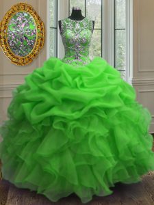 Scoop Green Sleeveless Beading and Ruffles and Pick Ups Floor Length Quinceanera Dress