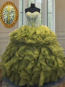Olive Green Organza Lace Up Sweetheart Sleeveless Floor Length Sweet 16 Dresses Beading and Ruffles