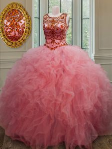Spectacular Pink Ball Gowns Tulle Scoop Sleeveless Beading and Ruffles Floor Length Lace Up Quinceanera Dress