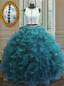 Captivating Scoop Teal Sleeveless Organza Clasp Handle Quinceanera Gown for Military Ball and Sweet 16 and Quinceanera
