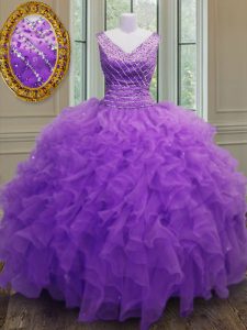 Trendy Sleeveless Floor Length Beading and Ruffles Zipper Ball Gown Prom Dress with Purple