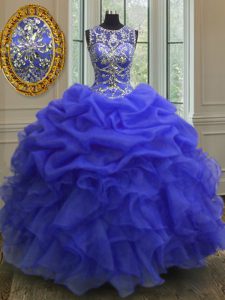 Stylish Royal Blue Ball Gowns Scoop Sleeveless Organza Floor Length Lace Up Beading and Ruffles Quinceanera Dresses