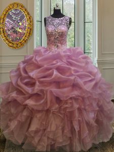 Luxurious Pick Ups Ball Gowns 15 Quinceanera Dress Lilac Scoop Organza Sleeveless Floor Length Lace Up
