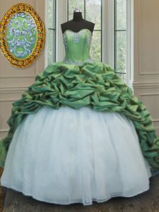 Green Ball Gowns Organza and Taffeta Sweetheart Sleeveless Beading and Appliques and Pick Ups With Train Lace Up Ball Go
