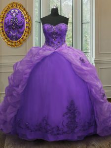 Edgy Pick Ups With Train Purple Vestidos de Quinceanera Sweetheart Sleeveless Court Train Lace Up
