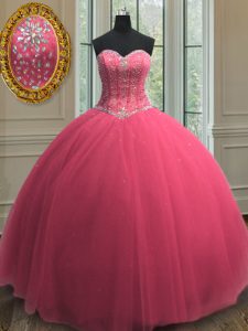 Adorable Beading and Sequins Quinceanera Gowns Hot Pink Lace Up Sleeveless Floor Length